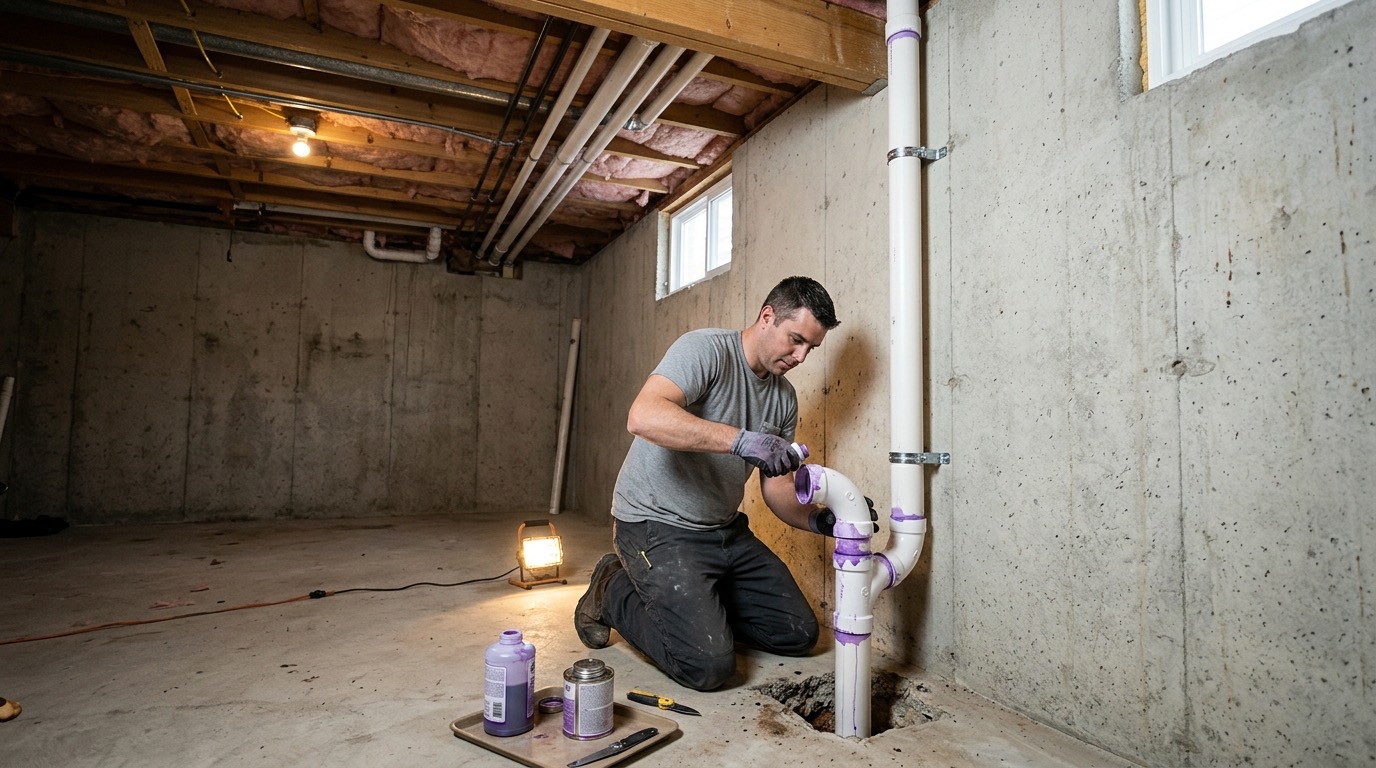 Routing the radon vent pipe from the slab in the basement